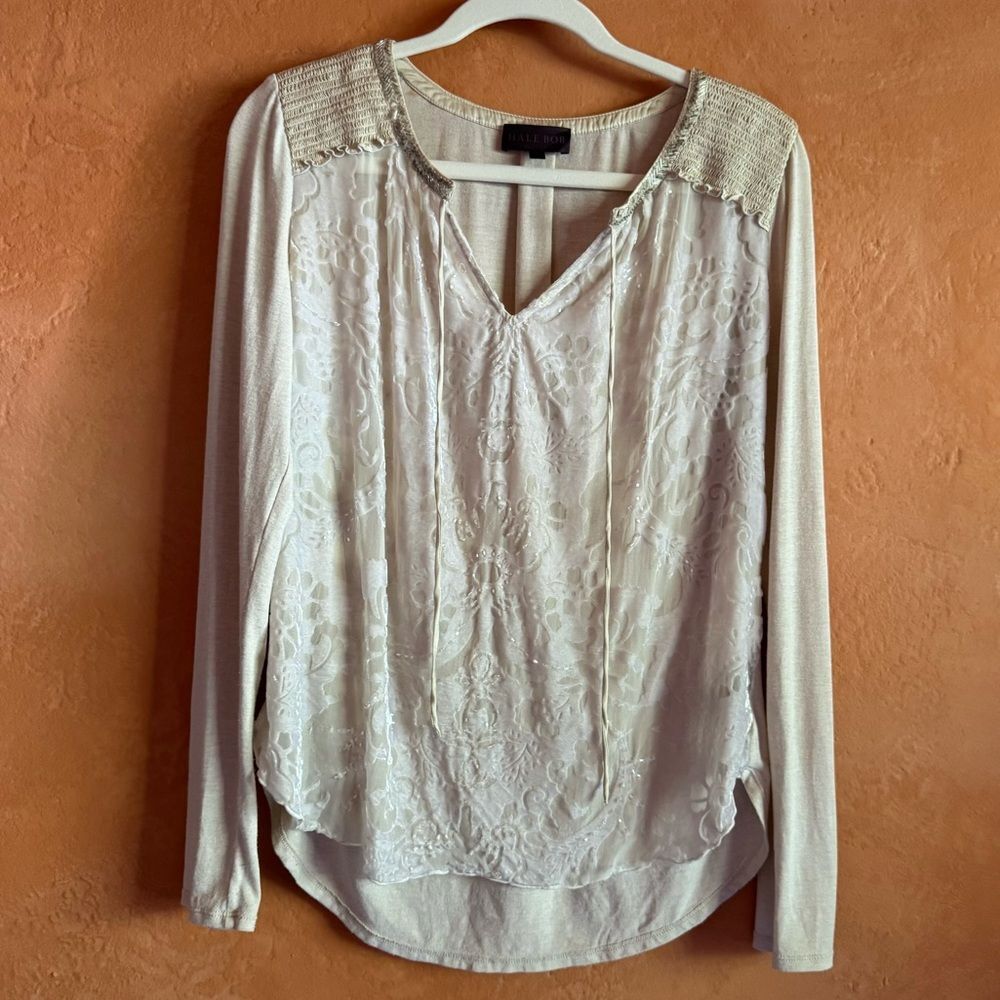 Hale Bob Silk Front Blouse Beaded Trim Long Sleeve Ivory Size Small